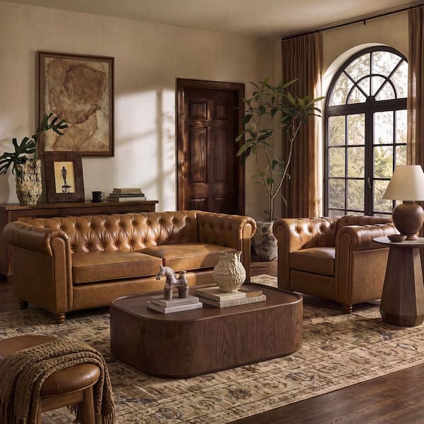 Chesterfield 3-piece cognac brown leather sofa set